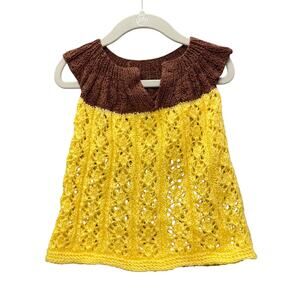 Toddler Girls Hand-Knit Crochet Tops-Yellow & Brown Short Sleeve‎ Size 12-18 MO